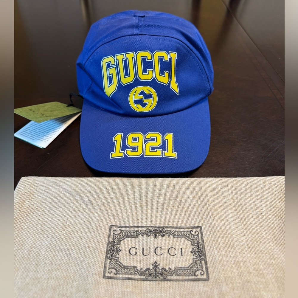 New Gucci GG Logo Blue Yellow Baseball Hat Size L